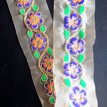 Gold Sheer Tissue Fabric Trim With Embroidered Pink / Blue, Orange, Green & Gold Flowers